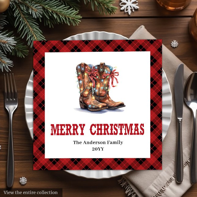 Serviette En Papier Western Christmas napkins red black buffalo plaid (Western Christmas paper napkins,
Classic red and green tableware,
Editable Printable digital downloa)