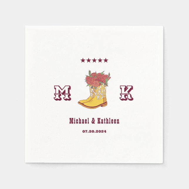Serviette En Papier Western Floral Cowboy Boot Monogramme Rustique Mar (Devant)