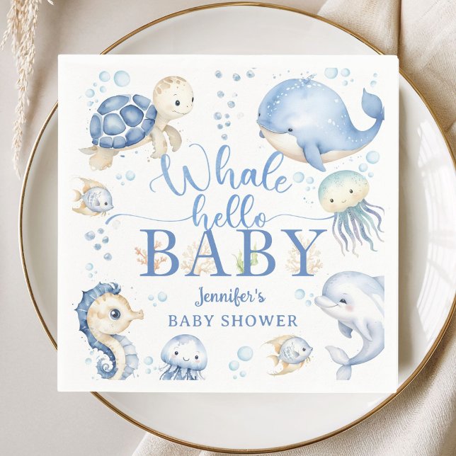 Serviette En Papier Whale Hello Baby Shower Boy Blue Ocean Paper (Créateur téléchargé)
