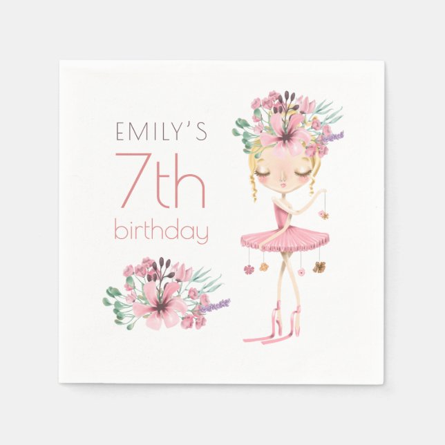 Serviette En Papier Whimsical Ballerina Floral 7ème anniversaire Fille (Devant)