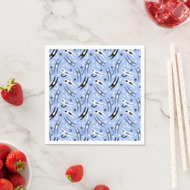 Serviette En Papier Whimsical Blue Blanc noir Motif de chat (En situation)
