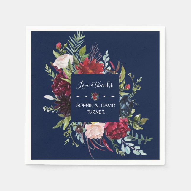 Serviette En Papier Whimsical Burgundy Blush Flowers Mariage bleu mari (Devant)