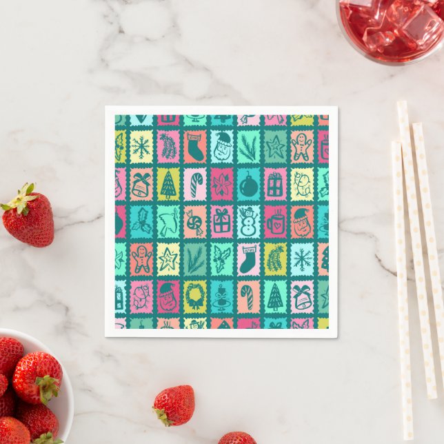 Serviette En Papier Whimsical Christmas Grid Cute Bright Holiday Paper (En situation)