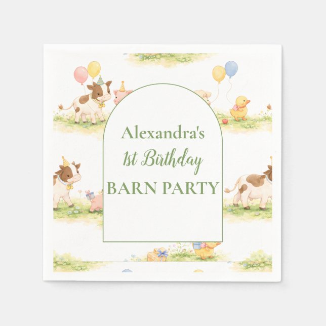 Serviette En Papier Whimsical Farm Animals Pastel 1st Birthday (Devant)