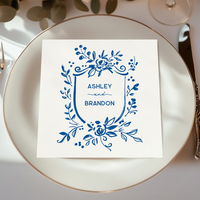 Serviette En Papier Whimsical French Blue Botanical Crest Wedding (Créateur téléchargé)