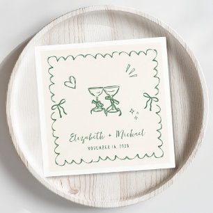 Serviette En Papier Whimsical Green Cream Wavy Frame Mariage