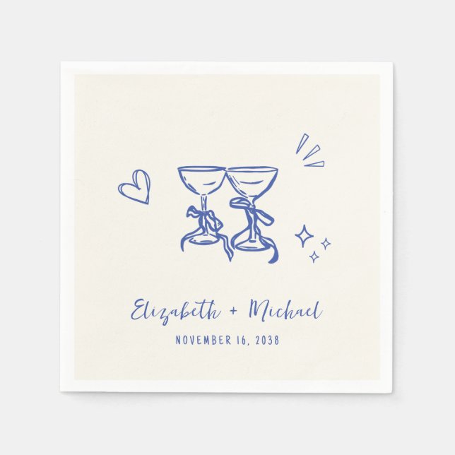Serviette En Papier Whimsical Hand Drawn Blue Cream Wedding (Devant)