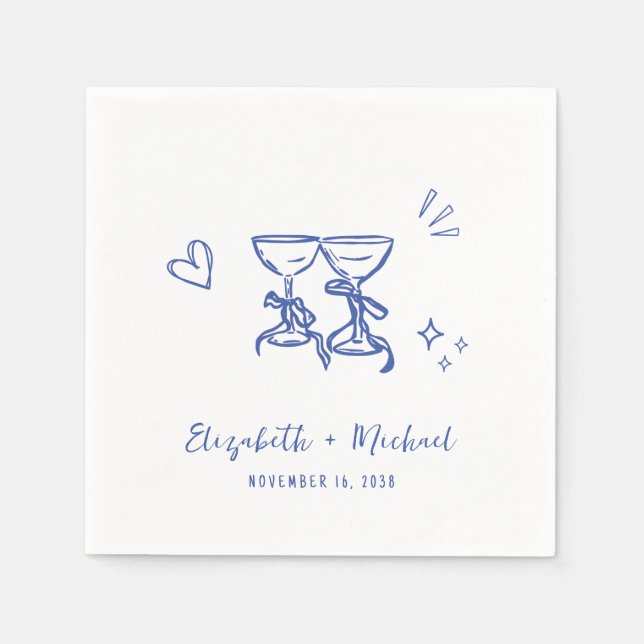 Serviette En Papier Whimsical Hand Drawn Blue Wine Glasses Wedding (Devant)