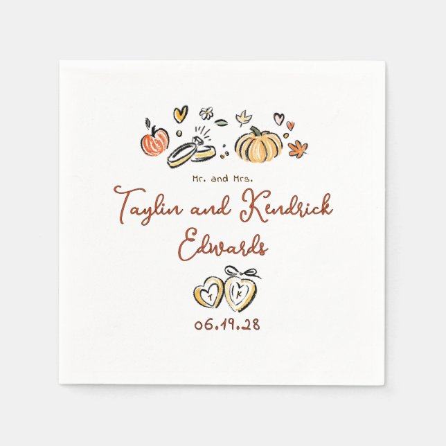 Serviette En Papier Whimsical Hand Drawn Fall Love Wedding Napkins (Devant)