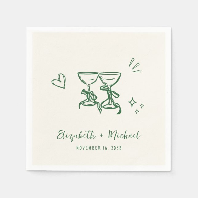 Serviette En Papier Whimsical Hand Drawn Green Cream Wedding (Devant)