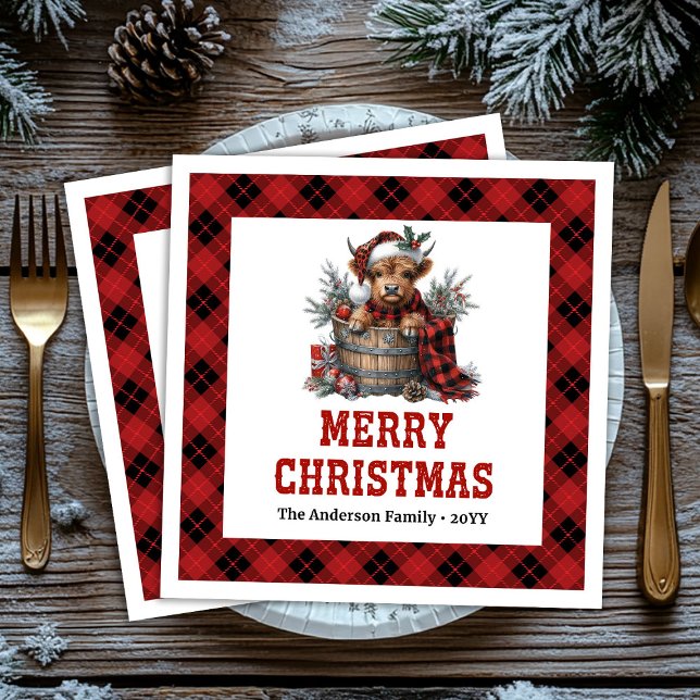 Serviette En Papier Whimsical highland cow holiday napkins buffalo  (Whimsical highland cow holiday napkins buffalo plaid tones

)