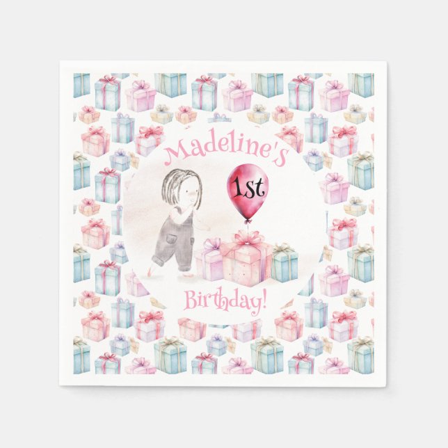 Serviette En Papier Whimsical mignonne fille 1er anniversaire Balloon  (Devant)