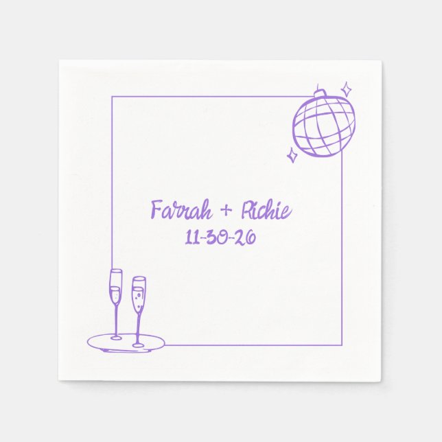 Serviette En Papier Whimsical Retro Disco Personnalisé Mariage violet (Devant)