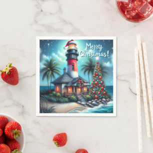 Serviette En Papier Whimsical Tropical Christmas Lighthouse Turquoise