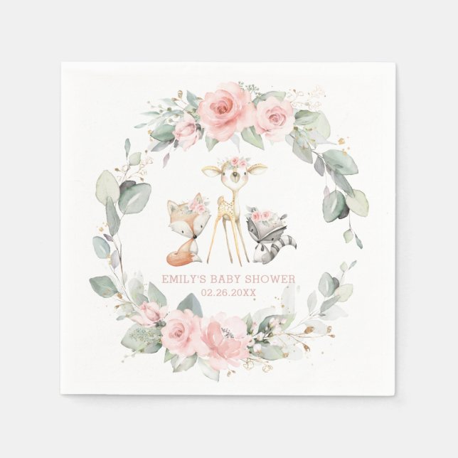 Serviette En Papier Whimsical Woodland Animaux Baby shower rose Floral (Devant)