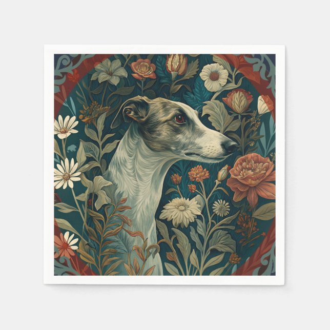 Serviette En Papier Whippet Bringé et Blanc de style William Morris (Devant)