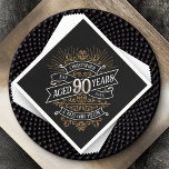 Serviette En Papier Whiskey Mens Funny 90e anniversaire<br><div class="desc">Célébrez le grand 9-0 avec style et humour avec ce design d'anniversaire au whisky vintage d'inspiration étiquette. La typographie noir, or et blanc est ornée et élégante, lui conférant une atmosphère rétro vintage classique. Parfait pour l'homme (ou la femme !) dans votre vie qui aime leur scotch, les esprits, le...</div>