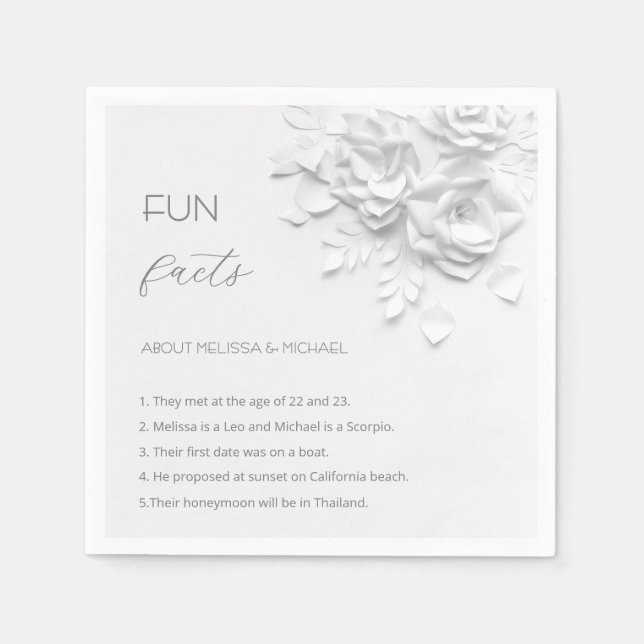 Serviette En Papier White 3D Flowers Roses Fun Facts Wedding  (Devant)