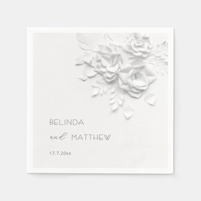 Serviette En Papier White 3D Flowers Roses Minimalist Wedding  (Devant)
