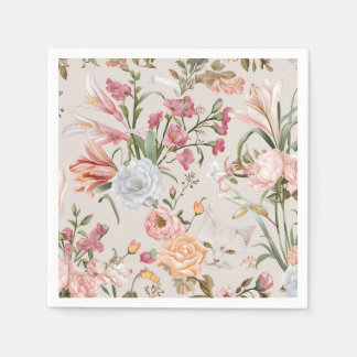 Serviette En Papier White Cats Pink Roses Floral 