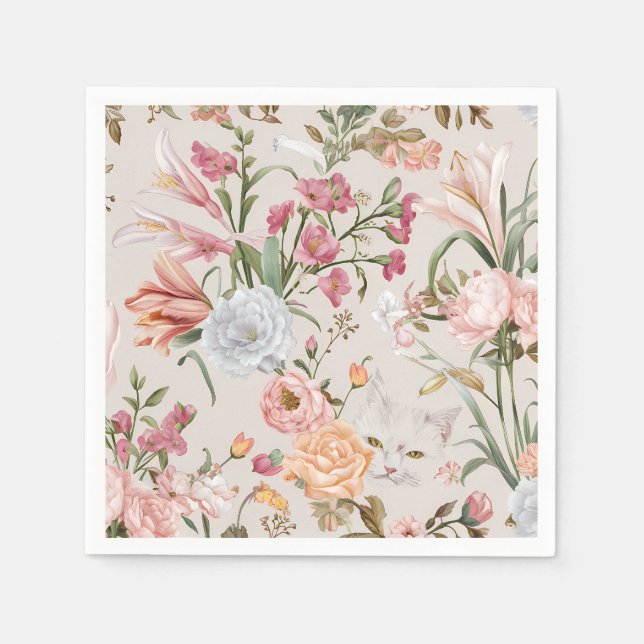 Serviette En Papier White Cats Pink Roses Floral  (Devant)