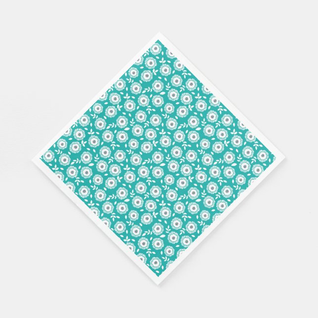 Serviette En Papier White floral pattern on turquoise background (Coin)