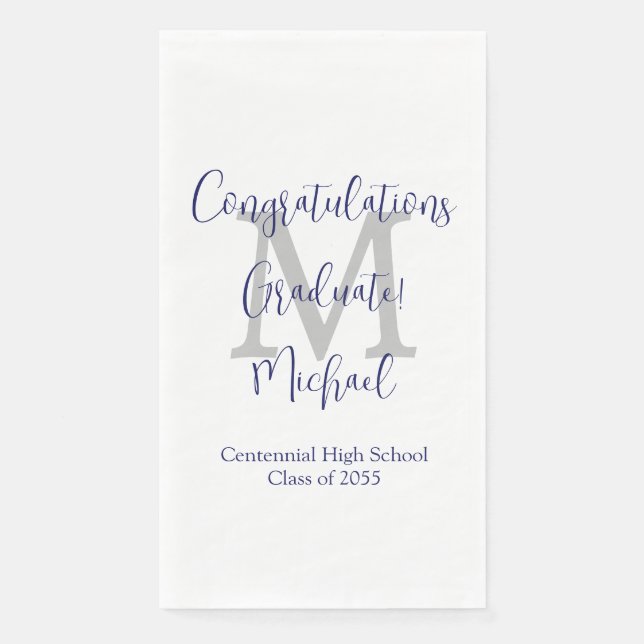 Serviette En Papier White Grey Blue Monogrammed Graduation Party (Devant)