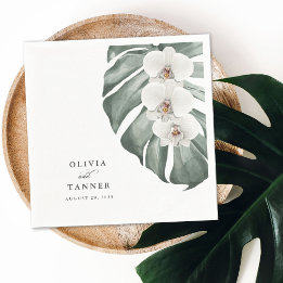 Serviette En Papier White Orchids on Monstera Tropical Wedding