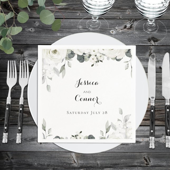 Serviette En Papier White Peony Greenery Wedding Square Cocktail (Créateur téléchargé)
