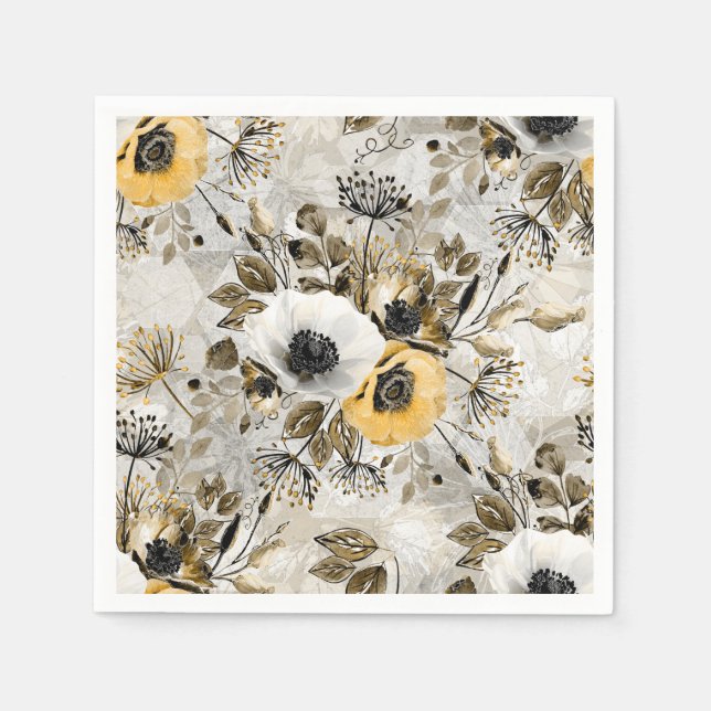 Serviette En Papier White, yellow anemones on a gray-brown background. (Devant)