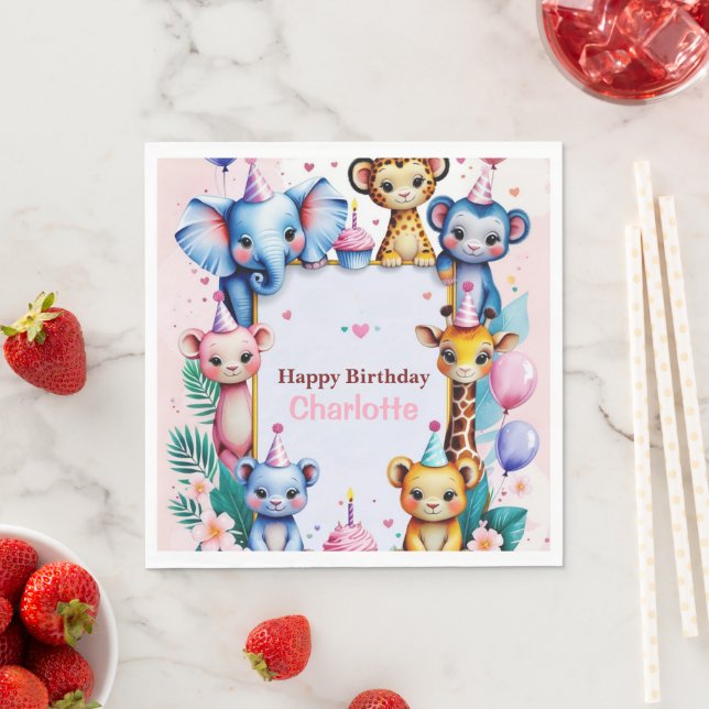 Serviette En Papier Wild One Cute Animals Balloon girls Birthday (En situation)