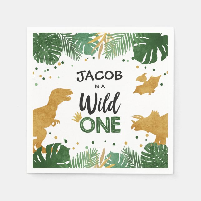Serviette En Papier Wild One Gold Dinosaur Garçon Anniversaire Safari (Devant)