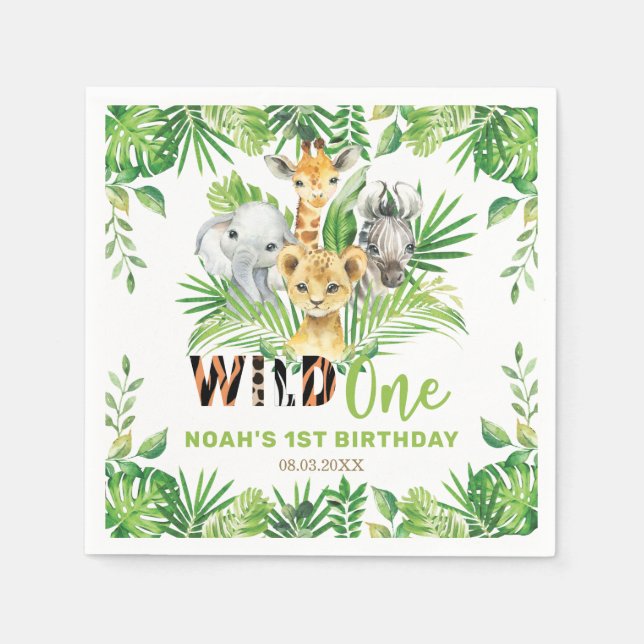 Serviette En Papier Wild One Jungle Animaux Verdure 1er anniversaire (Devant)