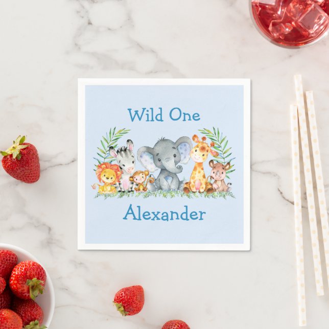 Serviette En Papier Wild One Safari Animaux 1er Anniversaire Bleu (En situation)