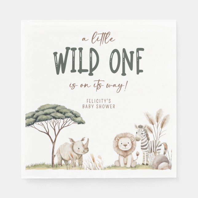 Serviette En Papier Wild One Safari Animaux Baby shower neutre (Devant)
