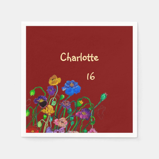 Serviette En Papier Wild Poppy Deep Red & Butter Yellow Birthday (Devant)