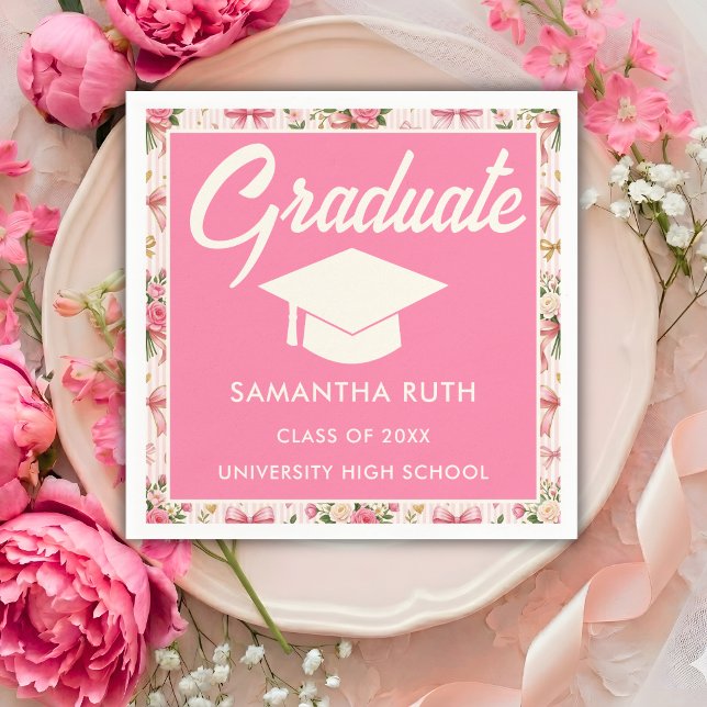 Serviette En Papier Wildflower Pink Striped Bows & Ribbons Graduation (Créateur téléchargé)