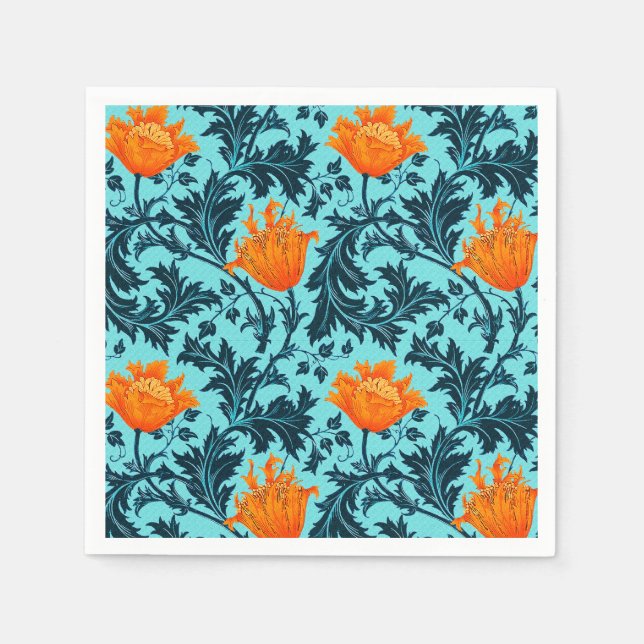 Serviette En Papier William Morris Anemone, Indigo Blue et Coral (Devant)
