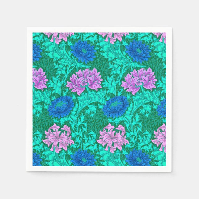 Serviette En Papier William Morris Chrysanthèmes, Aqua et Violet (Devant)