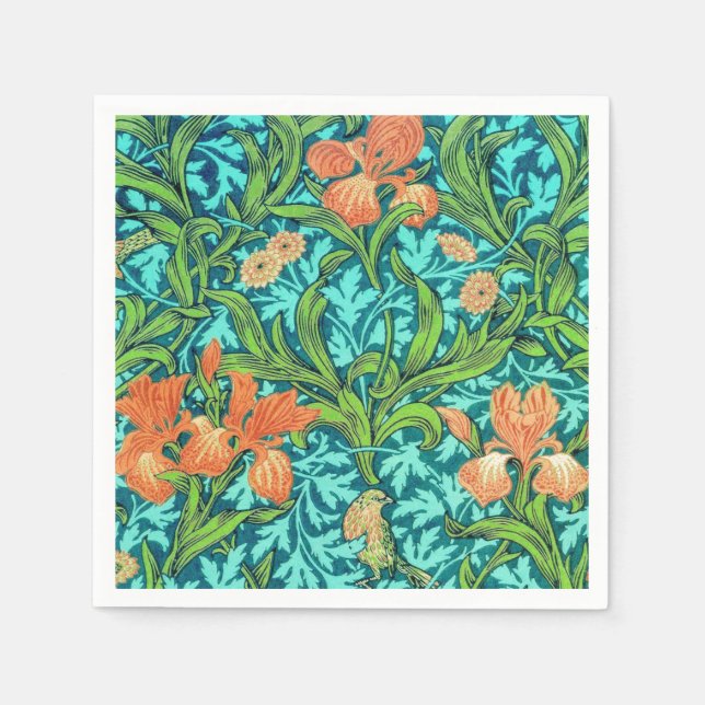 Serviette En Papier William Morris Irises, orange et turquoise (Devant)