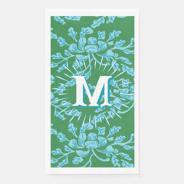 Serviette En Papier Winding Peony Woodcut in Green + Aqua Personalized (Devant)