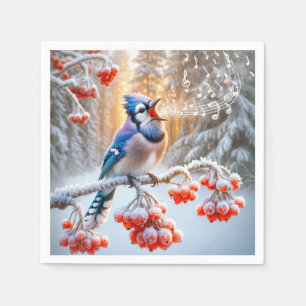Serviette En Papier Winter Blue Jay chantant sur un Berry Tree rouge