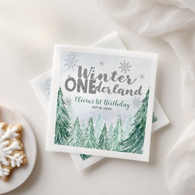 Serviette En Papier Winter Onederland First Birthday Snowflakes Forest (Créateur téléchargé)