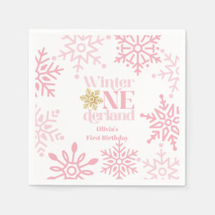 Serviette En Papier Winter Onederland Pink Snowflake 1er anniversaire