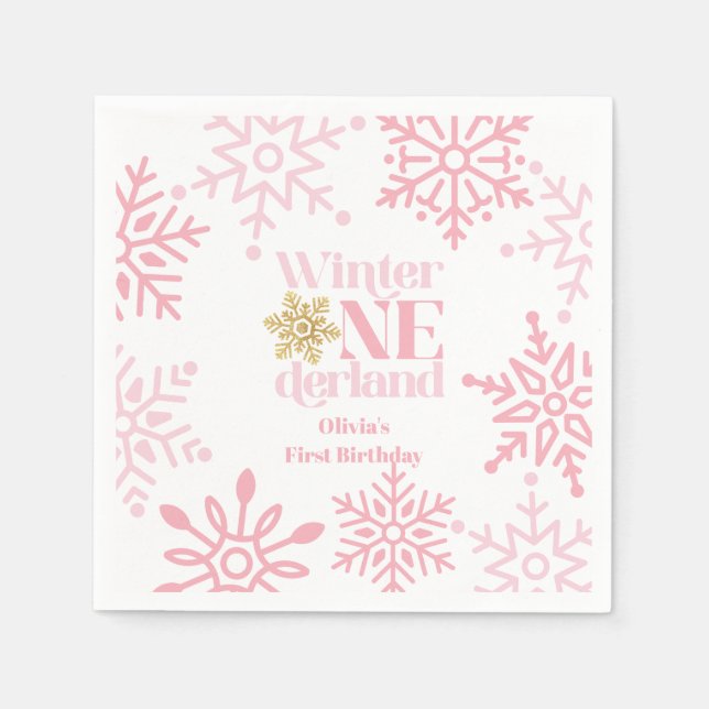 Serviette En Papier Winter Onederland Pink Snowflake 1er anniversaire (Devant)