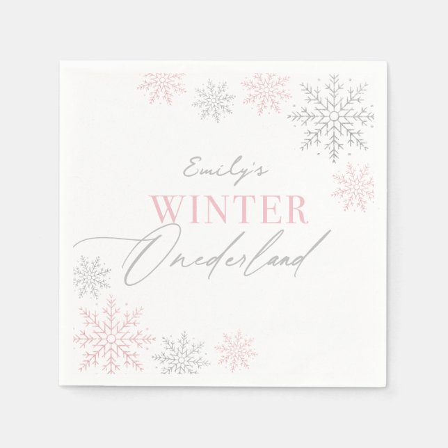 Serviette En Papier Winter Onederland Silver Pink Parties scintillant  (Devant)