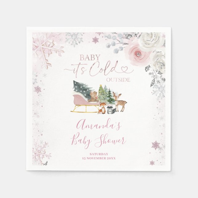 Serviette En Papier Winter Pastel Pink Snowflake Sleigh Baby Shower (Devant)