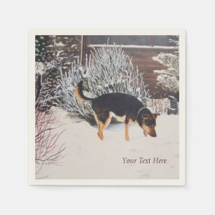 Serviette En Papier Winter snow scene with cute black and tan dog