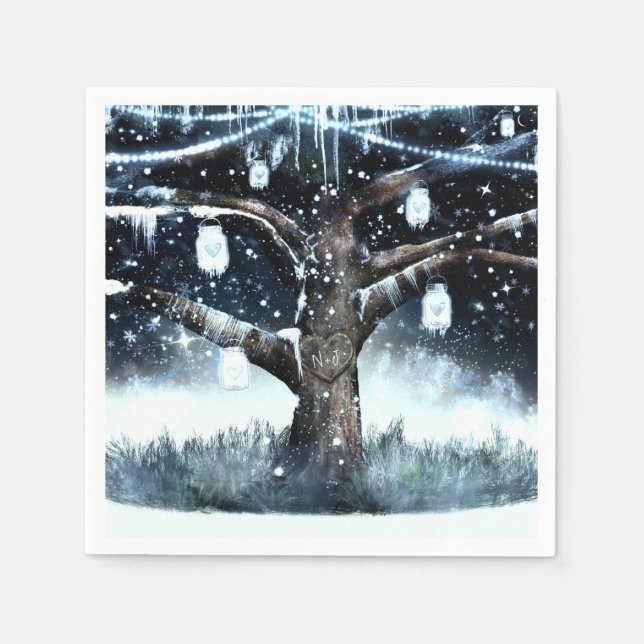 Serviette En Papier Winter Wonderland Rustic Tree Lights Mason Jars (Devant)