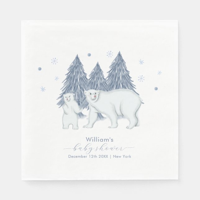 Serviette En Papier Winter Woodland Forest Polar Bear Baby Shower  (Devant)